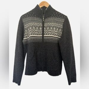Cozy Nordic Fair Isle 100% Lambs Wool Full Zip Sweater Jacket Gray Charcoal Med